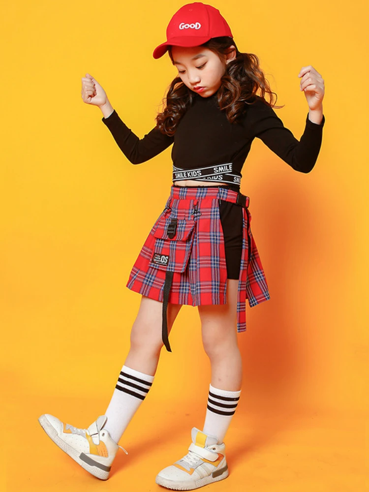 2 Pcs Sets Girls Crop Top Tartan Mini Skirt Jazz Plaid Culottes Hip Hop Child Clothes Pantskirt Kids Sweatshirt Street Dance baby clothing sets girl