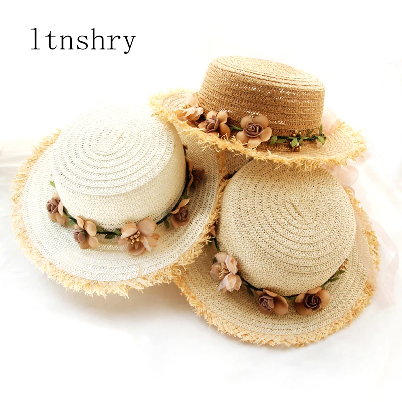 Parent-child Women Sun Hat Panamanian Style Visor Girl With flowers bow straw tassel Foldable Ribbon cap Mujer