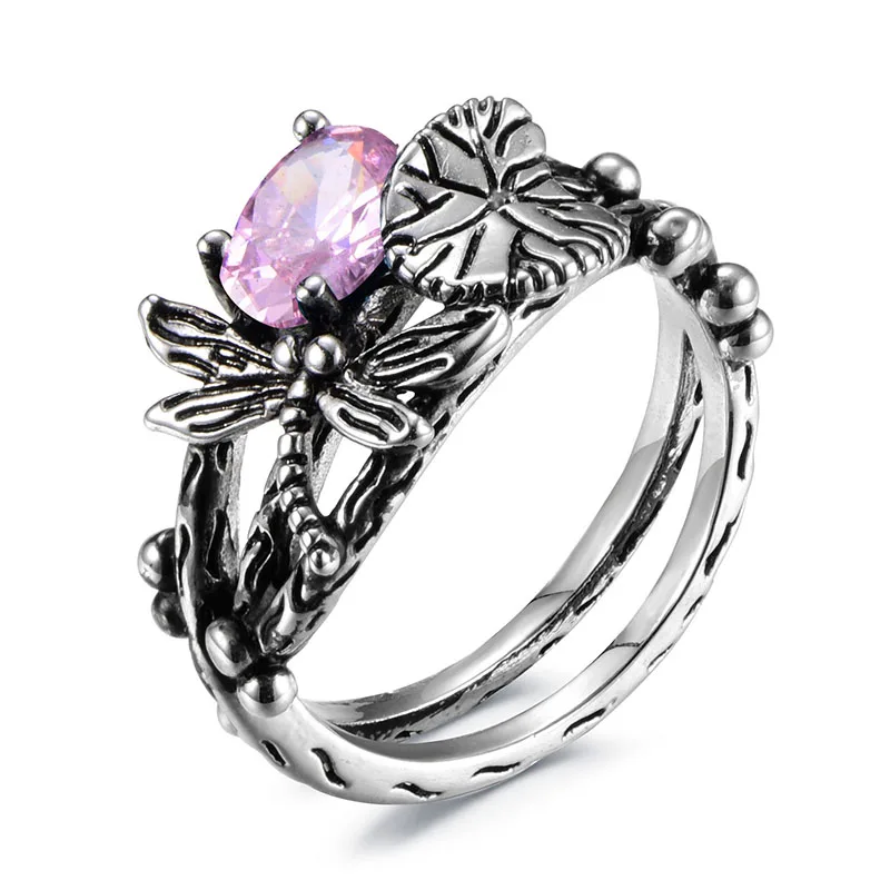 Cellacity Vintage Thai Silver 925 Jewelry Gemstones Ring for Women Dragonfly Lotus Sapphire Emerald Amethyst Bury Sapphire Gift