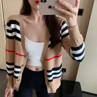 2020 New Autumn Striped Knitted Cardigans Sweater Women V-neck Casual Sweater Coat Female Office Lady 1