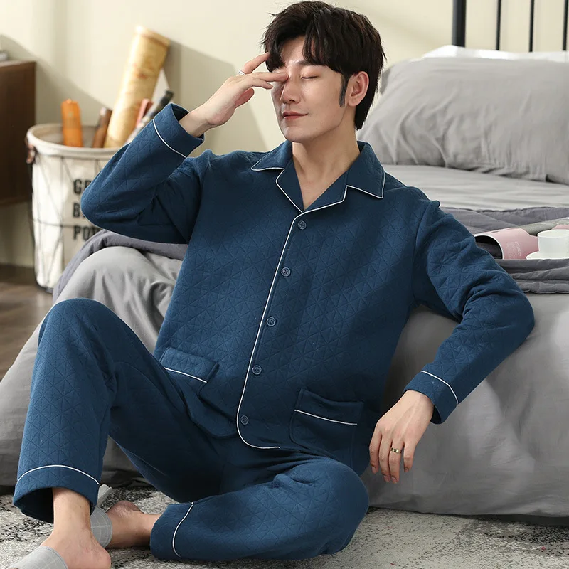 

Pajamas Men Fall and Winter Cotton Sandwich Cardigan Home Casual Thicken Sleepwear Set Young Men Pajamas Two-piece Suit