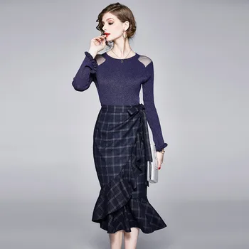 

Fashion Flare Sleeve Shiny Knit Pullover Sweater Top Plaid Ruffles Skirt Set 2020 Spring Women Midi Mermaid 2PCS Set k9785