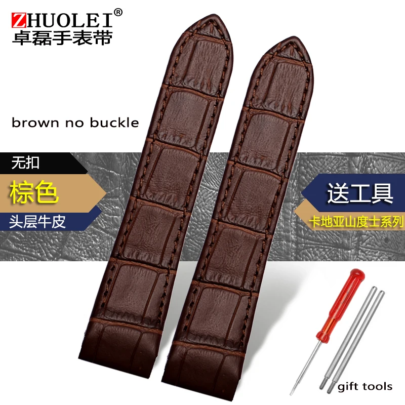 20MM 23MM Crocodile-pattern cowhide strap with butterfly buckle for Cartier Santos men's and women's leather strap - Цвет ремешка: brown no buckle