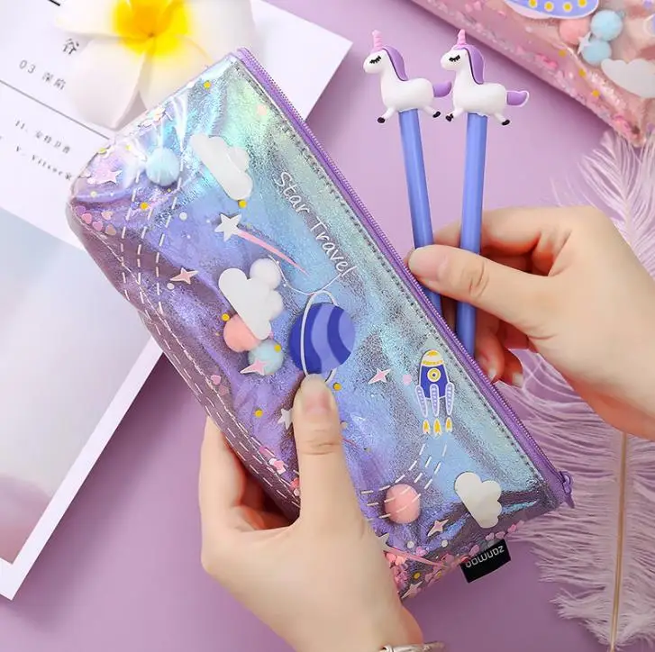 1 шт. пенал с героями мультфильмов лазерные блестки планета Космос Pencilcase большой карандаш сумки Канцелярские Принадлежности для школьников подарки