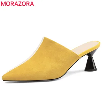 

MORAZORA 2020 hot sale high heels ladies mules shoes suede leather pointed toe mixed colors summer party shoes women pumps