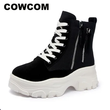 

COWCOM Martin Boots Women's Fall 2019 British Wind Bafta Thicke High Help Canvas Breathable Net Red Thin Slim Boots CB