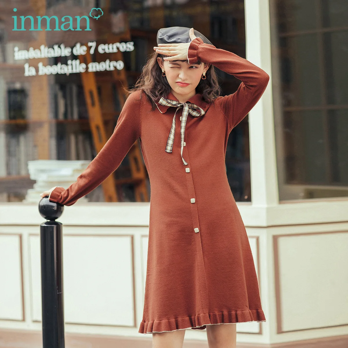 INMAN Autumn Winter New Arrival Retro Style Plaid Pattern Bow Tie Knot Young Women Lady Dress INMAN Autumn Winter New Arrival Retro Style Plaid Pattern Bow Tie Knot Young Women Lady Dress