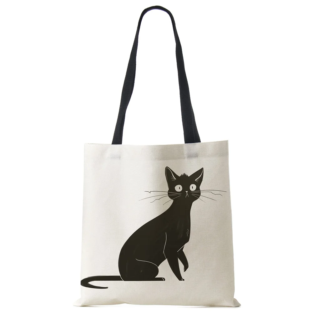 Lady Designer Tote Bags Sumi Black Cat Printed Linen Fabric Eco Handbag Shopping Office Reusable Casual Shoulder Bag