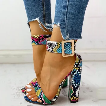 

2020 Hot Snake Pattern Extreme High Heels Women Pumps Buckle Women Shoes Square Heel Sandals Party Shoes Female Heel Lady Shoes