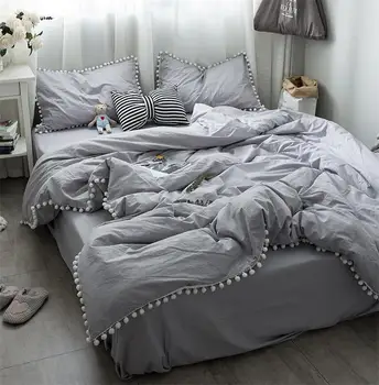

White Pom Ball Fringe Duvet Cover Bed sheet set Pillowcase 100%Cotton King Queen Twin size White Pink Grey Bedding set for Girls