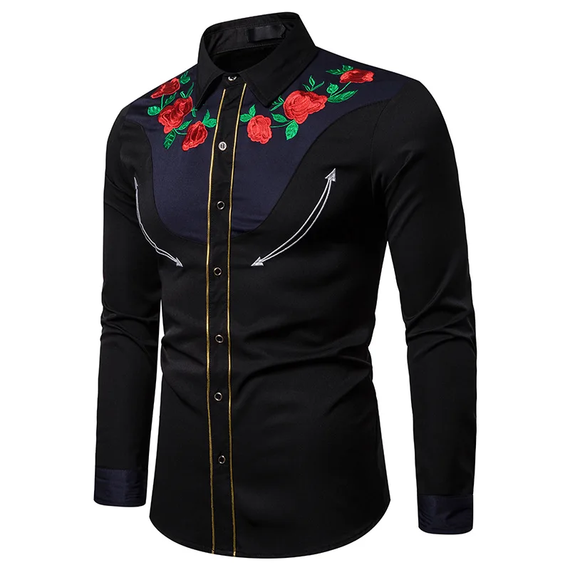 Мужская рубашка Camisa Masculina, модная, стильная, с вышивкой, рубашка с длинными рукавами с вышитыми розами в американском западном стиле