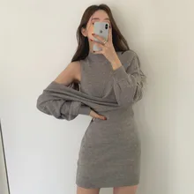 

2021 Spring and Summer New French Retro Adult Lady Like Woman Knitted Off-Shoulder Sweater Bottoming Dress Women's Two-Piece Set