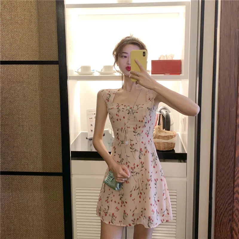 

Vintage Printed Slim Fit Sleeveless Strapped Dress Summer 2019 New Style High-waisted A- line Skirt Chiffon Dress WOMEN'S Short