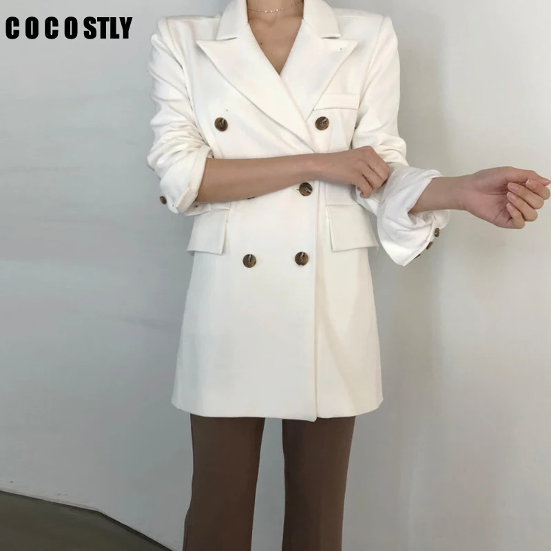 

Long Blazer Women Classic Double Breasted Long Sleeve Suit Jacket Coat Pockets Blaser Femme White Black Pea Coat Female Clothes