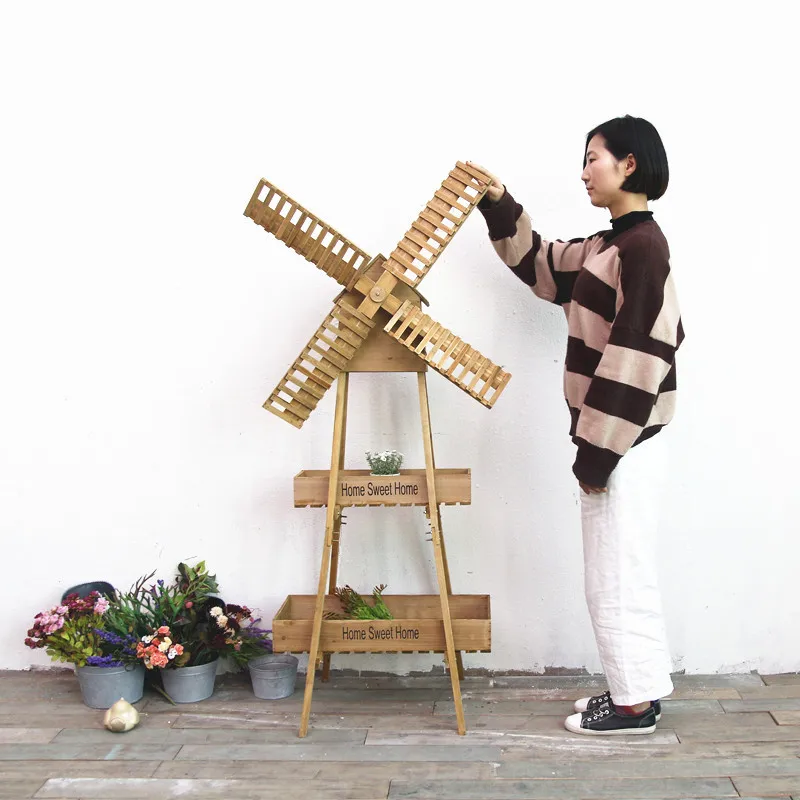 

Retro Solid Wood Windmill Pergola Decoration Home Living Room Balcony Storage Shelf Cafe Creative Floor Ornaments