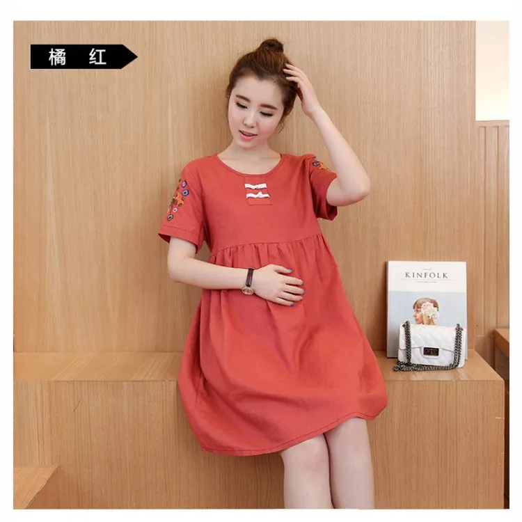 

New Style Retro Cotton Linen Embroidered Summer Short-sleeved Mid-length Pregnant Women Dress