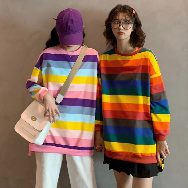 

Harajuku Womens style striped lazy wind ins letters tops Joker Candy-colored rainbow strip loose round neck long-sleeved clothes