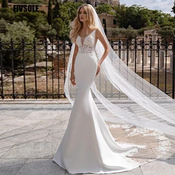 Fivsole 2022 V-neck Satin Mermaid Wedding Dresses Bohemian Lace Appliques Princess Button Back Bridal Gowns Robe De Mariee