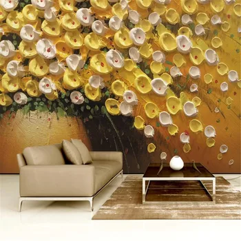 

milofi custom large wallpaper mural paper mural gold yellow 3d three-dimensional oil painting flower TV background wall