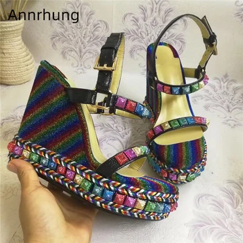

Plaited High Wedges Party Sandals Women Ankle Strap Platform Colorful Striped Sequins Rivet Decor Summer Shoes Zapatos Mujer