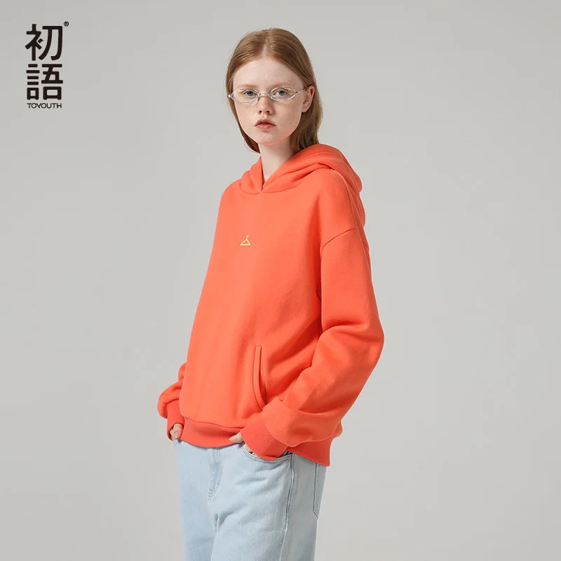  Toyouth Chic Style Printed Hooded Sweatshirts Loose Long Sleeve Hoodies Women Multicolor Solid Pull