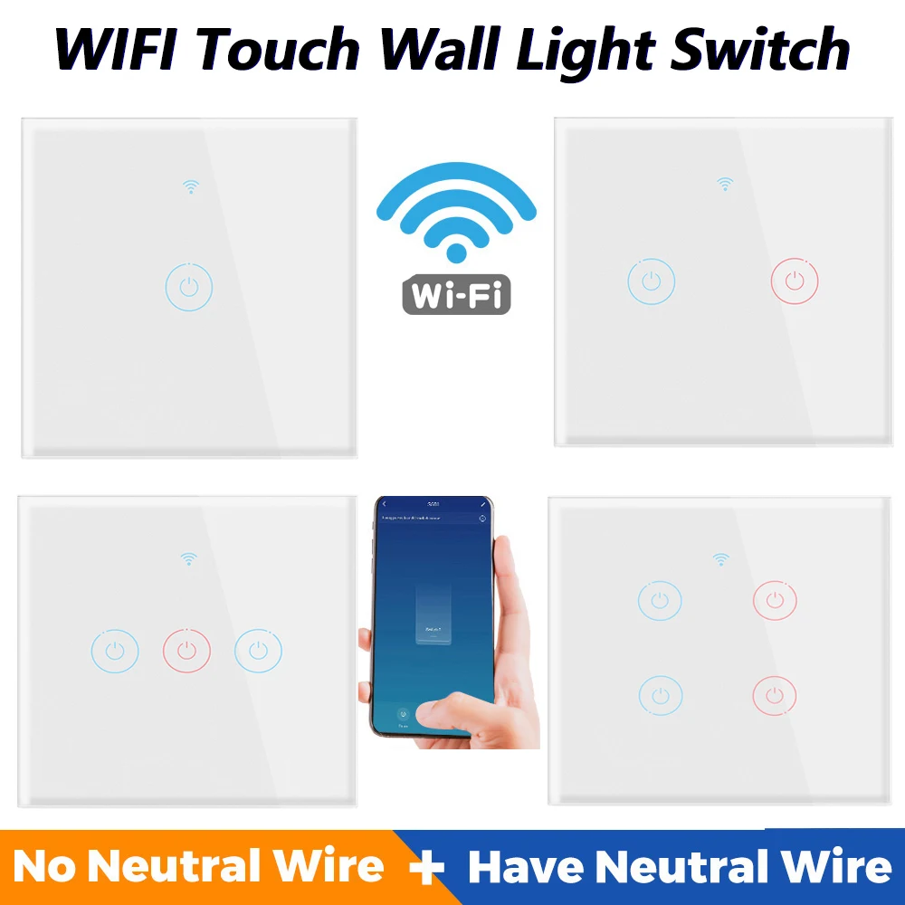 

Wifi Smart Touch Light Wall Switch No Neutral Wire Required Voice Control 1/2/3/4 Gang Tuya EU Glass Google Home Alexa White