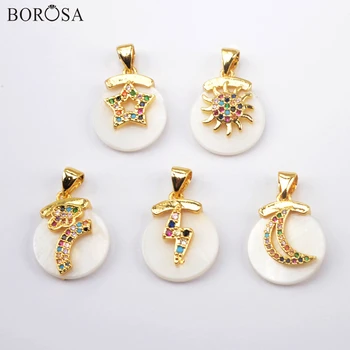 

BOROSA Round Natural White Shell Pendant for Necklace Small Beads for Jewelry Making with CZ Micro Paved Moon Patterns WX1509