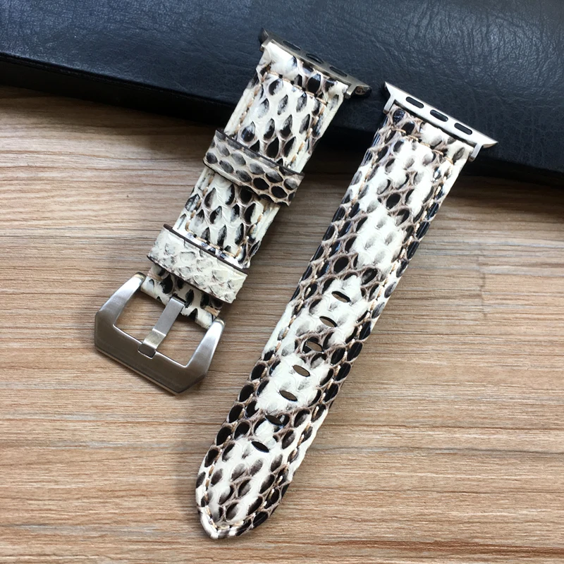 White silver adapter Ремешок для часов Apple Watch из Натуральной Змеиной кожи ремешок для часов серии Apple 1 2 3 4 ремешки для часов iWatch 38 мм 40 мм 42 мм 44 мм - Цвет ремешка: White silver adapter