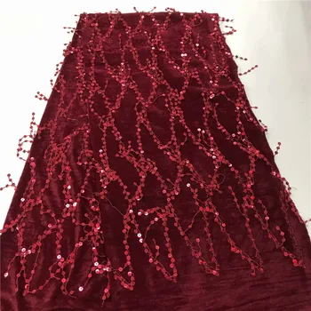 

African Handcut Organza Lace Fabric velvet wine Sequins Embroidery Tulle Voile Lace Fabric Hot Sale Organza Lace With Sequins