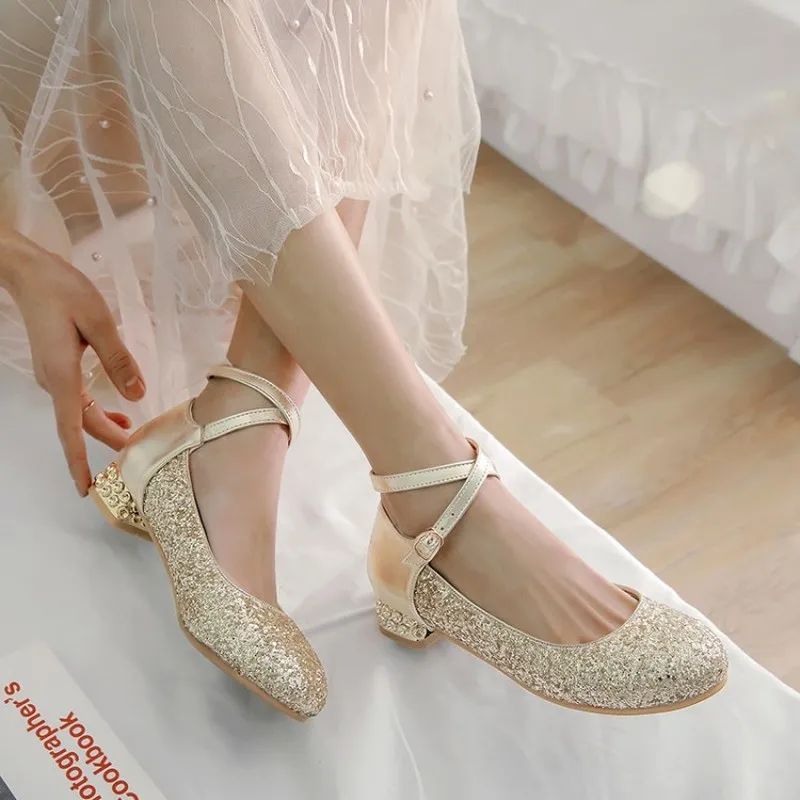 

US4-11 Womens Round Toe Sequins Bling Ankle Cross Straps Low Chunky Heel Shoes Wedding Bridal Plus Size Gold Sliver Pumps A1531