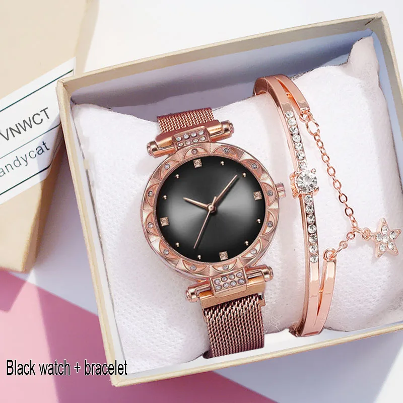 Женские магнитные часы Звездное небо, браслет, градиентные бриллианты, Дамская мода, Женские кварцевые наручные часы, подарок, часы, relogio feminino - Цвет: Black bracelet