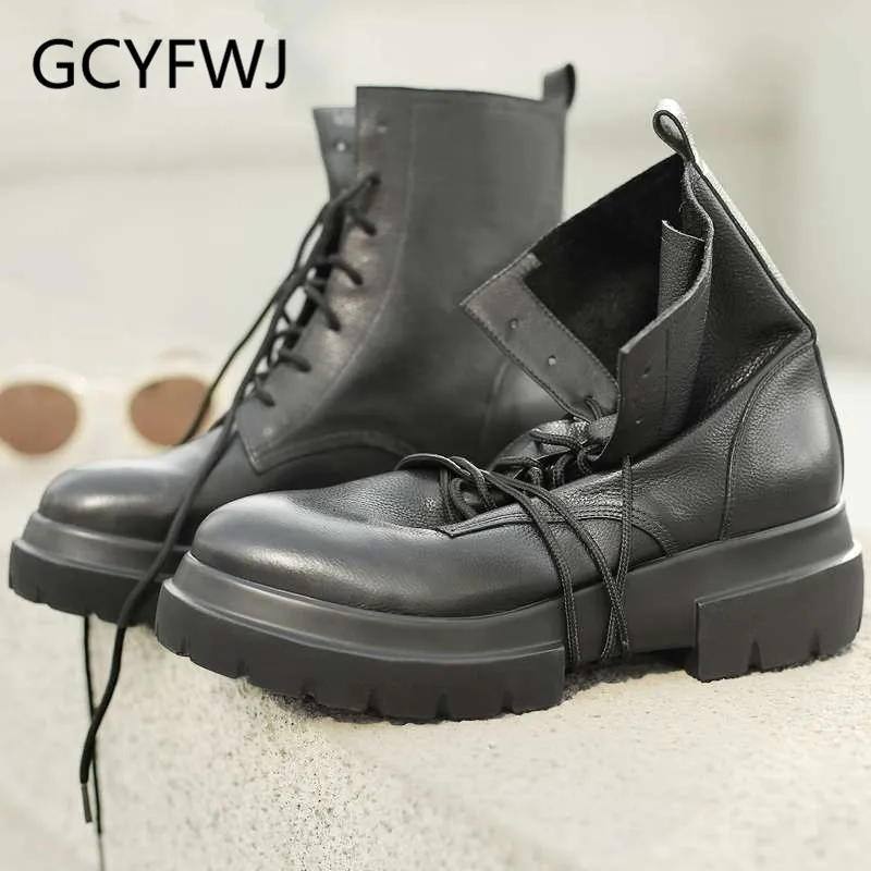 

GCYFWJ New Fashion Motorcycle Boots Round Toe Med Heels Platform High Fashion Natural Leather Large Size Lace Up Ankle Boots