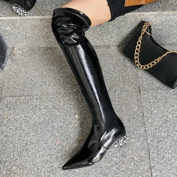 

US4-11 Womens Pointy Toe Over The Knee Thigh Boots Beads Block Strange Heel Side Zipper Long Slim Shoes Genuine Leather Plus Sz