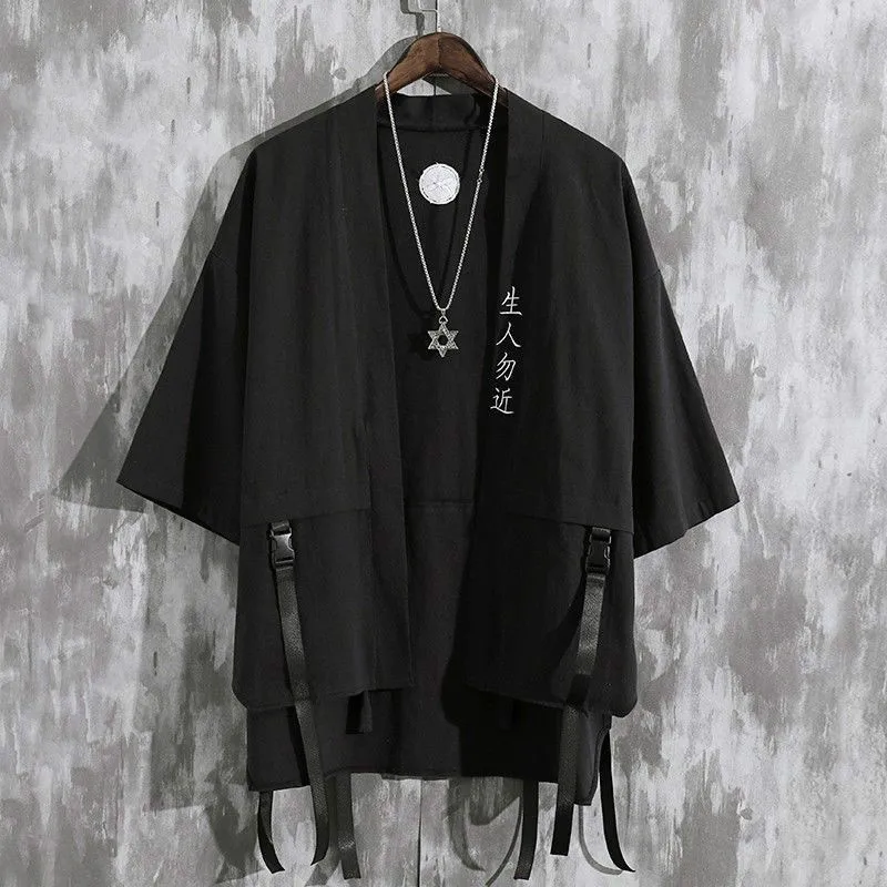 Men's Black Haori Cardigan Kimono Short Sleeve Shirt Samurai Japanese Style Loose Yukata Shirts Streetwear Casual Thin Tops