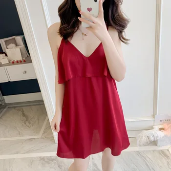 

Sexy Satin Nightdress Women Ruffles Spaghetti Strap Nightgown Sleepwewar Summer New Kimono Bathrobe Gown Intimate Lingerie