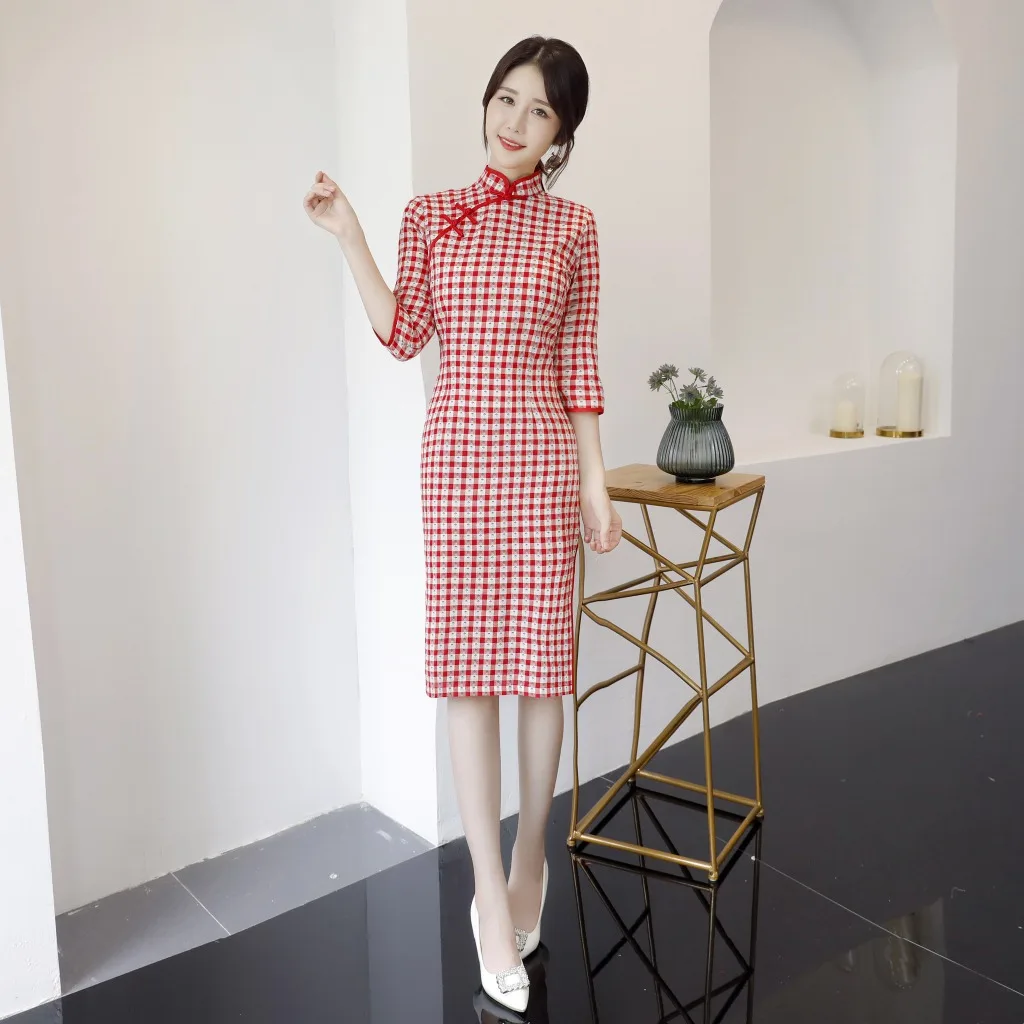 

Young Plaid Cheongsam Spring And Autumn 2019 New Style Women's Chinese-style Fashion Modified Version Mid-length Dress GIRL'S