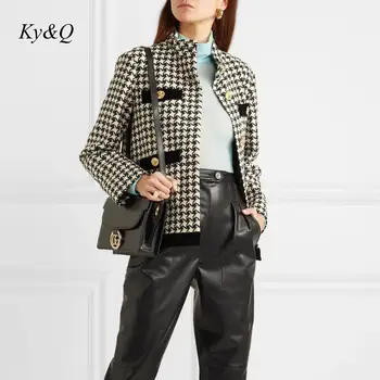 

2019 Runway Designer Houndstooth Brand Luxury Women Winter Vintage Two-piece Coat Stand Neck Single Breasted Jacket Outwear