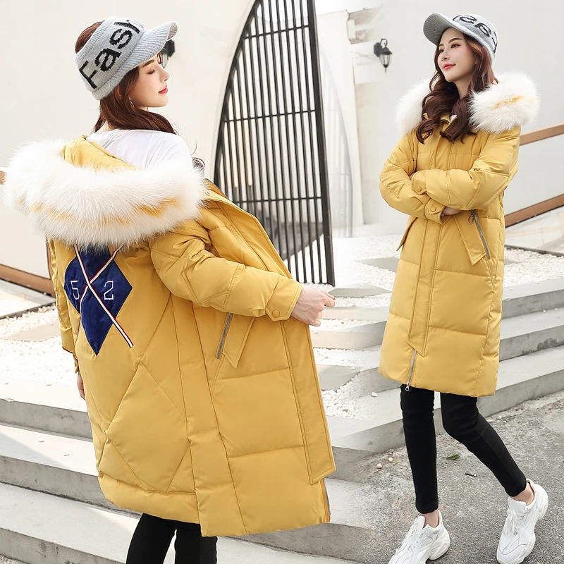 Zqlz Down Long Jacket Women Winter Fur Collar Hooded Coat Female Thick Cotton Padded Ladies High End Jackets Outwear Parkas