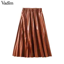 Vadim Женская искусственная кожа плотная плиссированная юбка эластичный пояс шикарное миди юбки женские базовые повседневные юбки до середины икры mujer BA823
