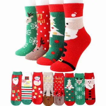 

4 Pairs Women Christmas Fuzzy Crew Socks Thicken Plush Warm Slipper Hosiery Gift