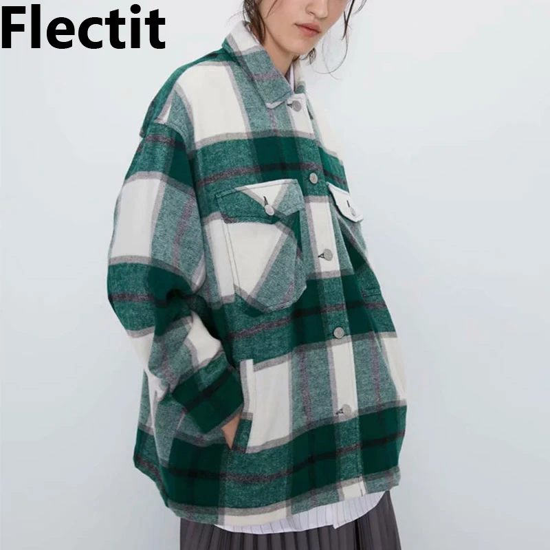 

Flectit Flannel Plaid Overshirt Front Pocket Lapel Collar Long Sleeve Oversized Warm Wool Blend Women's Jackets & Coats *