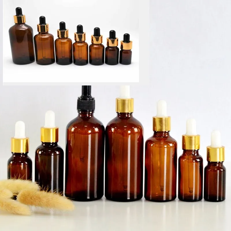 5pcs 5/10/15/20/30/50/100ml Amber Glass Dropper Bottle Jars Vials With Pipette For Cosmetic Perfume Essential Oil Bottles