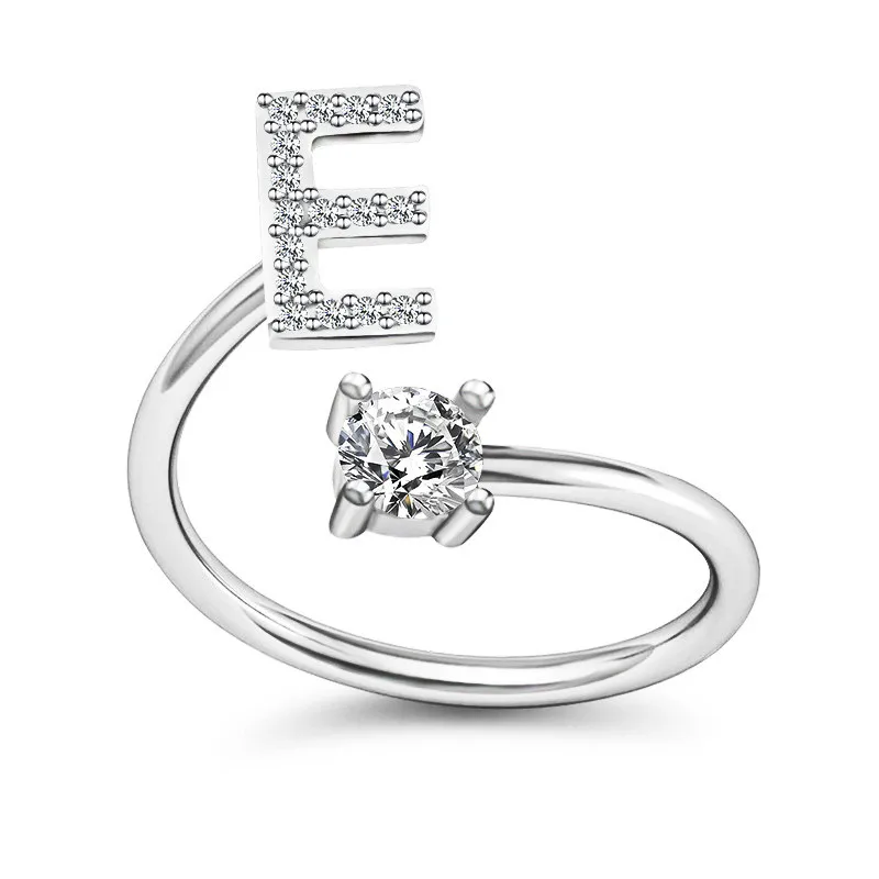 New Design Letter A-Z Openable Adjustment Rings Simple Wild Crystal Inlay Gem Circle Ring Women Wedding Jewelry Anniversary Gift - Цвет основного камня: E