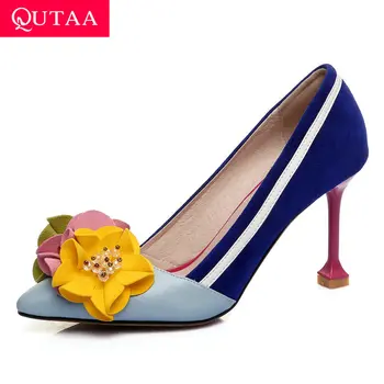 

QUTAA 2020 Thin High Heel Shallow Women Shoes Sheepskin Kid Suede Stilettos Flowers Pointed Toe Slip on Ladies Pumps Size 34-39