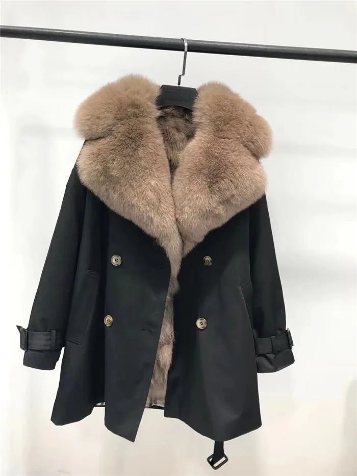 black with khaki Женская парка из натурального меха с большим воротником из лисьего меха, съемное пальто из натурального меха, женские парки средней длины из лисьего меха - Цвет: black with khaki