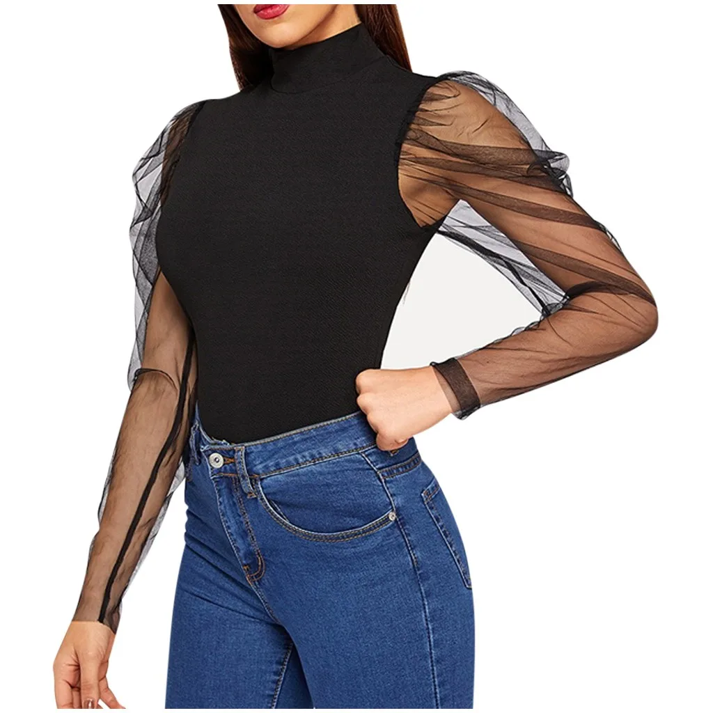 Женская прозрачная сетчатая блузка 2019 Новая Модная элегантная пышная рубашка с