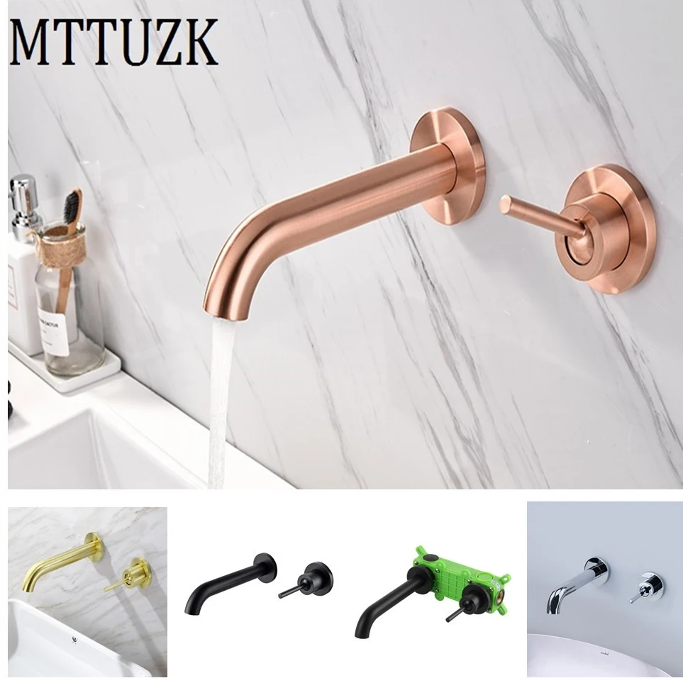 

MTTUZK Brass Rose Gold Matte Basin Faucet With Pre-embedded Box Wall Mounted Hot Cold mixer Tap Black Basin Sink Faucet Torneira