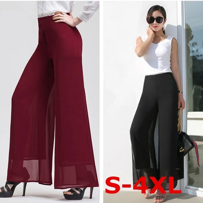 

ZOGAA Womens Summer Wide Leg Long Trousers Casual Vintage High Waist Chiffon Side Split Loose Bohemia Skirt Pants Capris