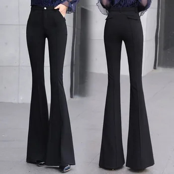 

Women Springy High Waist Bell Bottom Pants Mom Casual Pants black Flare Pants Wide Leg Pants Big Plus Size S-3XL trousers