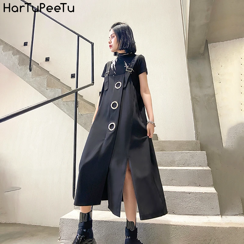 

High Split Black Midi Dress Women Elegant Plus Size Summer 2020 Overalls Dresses with Straps Metal Rings and Pockets Decorate